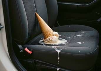 Melting ice cream cone spilled on car seat during summer drive 