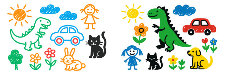 Creative children's drawing featuring animals, vehicles, and nature in a playful vibrant style during daytime