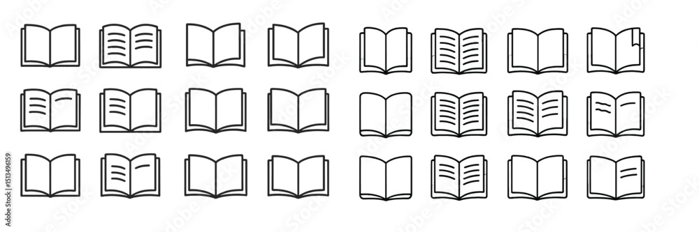 Poster collection of open books arranged in a grid pattern showcasing various page designs and orientations