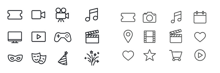 Collection of diverse icons representing entertainment, media, and leisure activities for creative projects