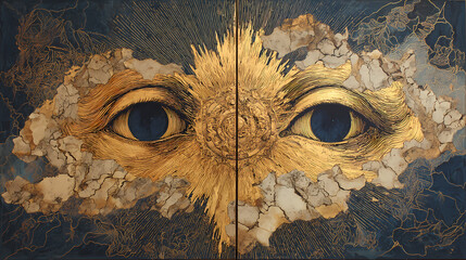 magazine visual on subconscious | dislocated psyche | symbolic dread | gold ochre and midnight blue | asymmetric depth fold | cracked earth | reflected impossibility | symbolic shadow casting | inner