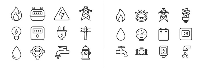 Collection of energy and water utility icons displayed in a clean, modern style for informative purposes