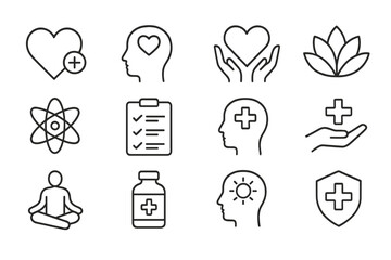 Collection of health and wellness icons depicting care, mindfulness, and well-being concepts for holistic living
