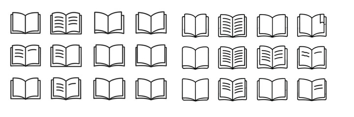 Collection of open books arranged in a grid pattern showcasing various page designs and orientations in a minimalist style
