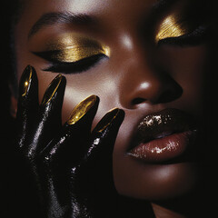 Glamorous Beauty Portrait of Dark-Skinned Woman with Gold Makeup, Glossy Lips, and Black-Gloved Hands – High Fashion Cosmetic Concept