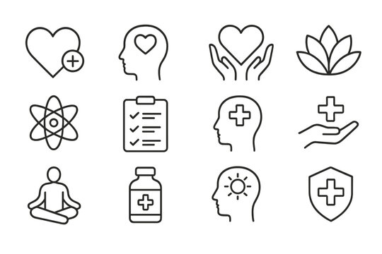 Collection of health and wellness icons depicting care, mindfulness, and well-being concepts for holistic living