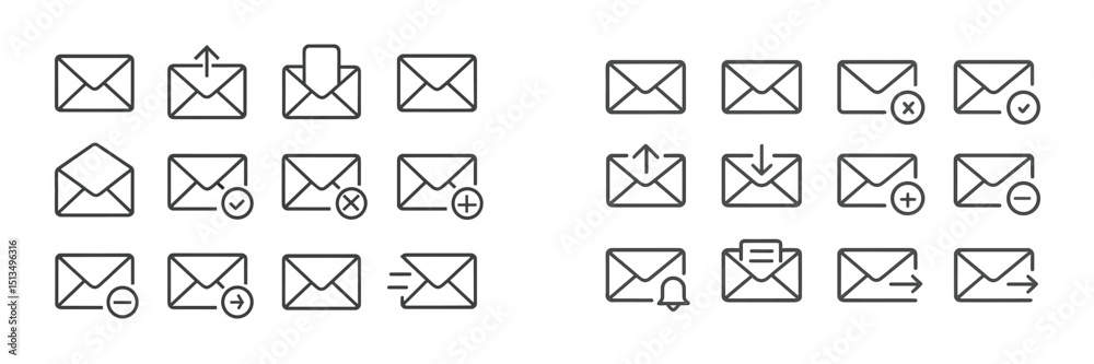 Poster collection of simple envelope icons representing various email functions and actions for digital com