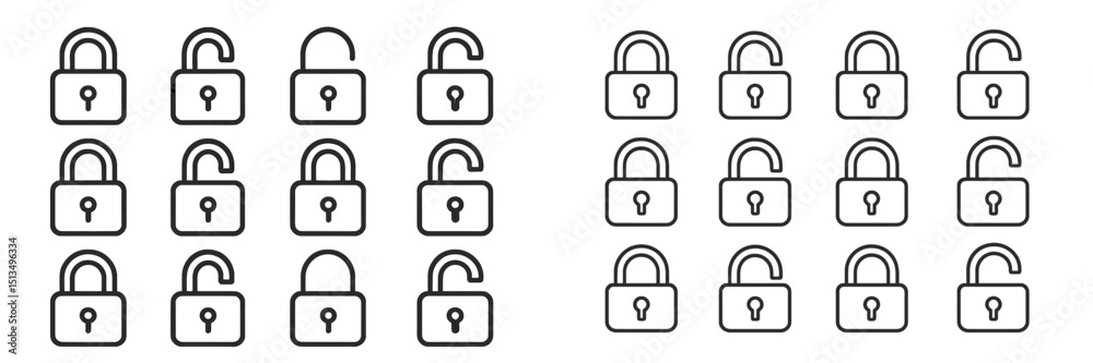 Poster collection of padlocks and unlocked padlocks displayed in a pattern on a clean background showcasing