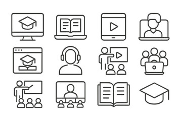 Online learning and education symbols illustrate various digital study activities and resources used for remote teaching