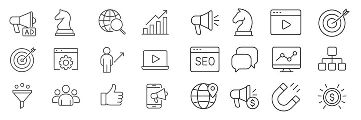 Creative marketing icons arranged in a grid showcasing various aspects of digital strategy and advertising techniques
