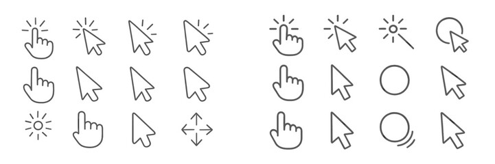 Various cursor icons designed for user interface applications in clean line art style
