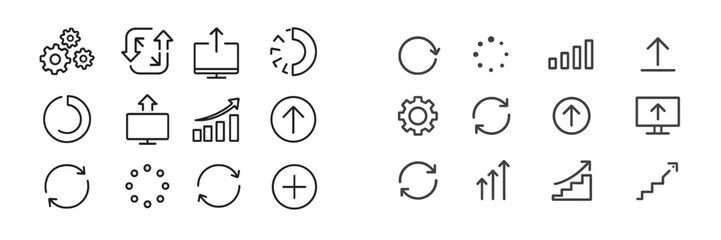 Collection of various flat line icons representing progress, updates, and movement in a digital context