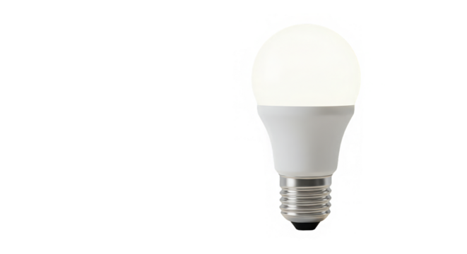 A glowing LED light bulb shines bright against a stark black background in a clean studio shot.