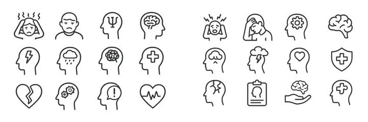 Mental health icons illustrating various emotions and well-being concepts in a stylized design