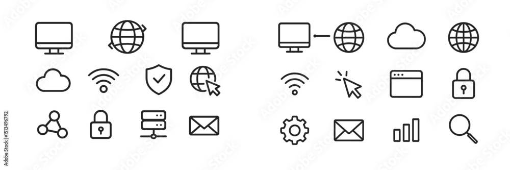 Poster vector icons representing various aspects of technology and the internet for digital communication a