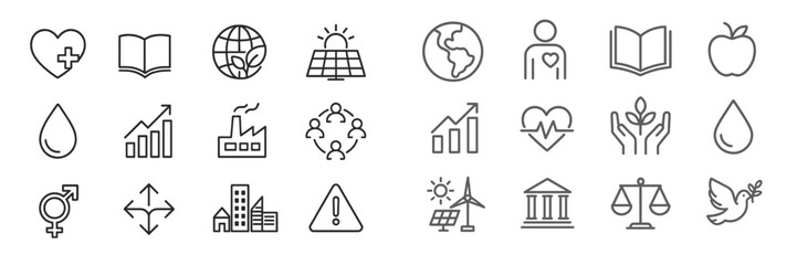 Icons representing health, education, environment, and social progress in a minimalistic design for a sustainable future