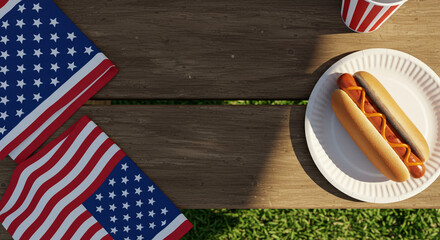 Hot dog on paper plate with patriotic napkins on wooden table  