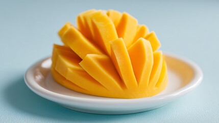 Bright yellow mango cubes forming a symmetrical spiral on a white ceramic dish, pastel blue backdrop