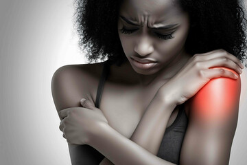 Naklejka premium A person holding their elbow in pain highlighting inflammation or injury red area on the joint to indicate discomfort closeup of the arm neutral background