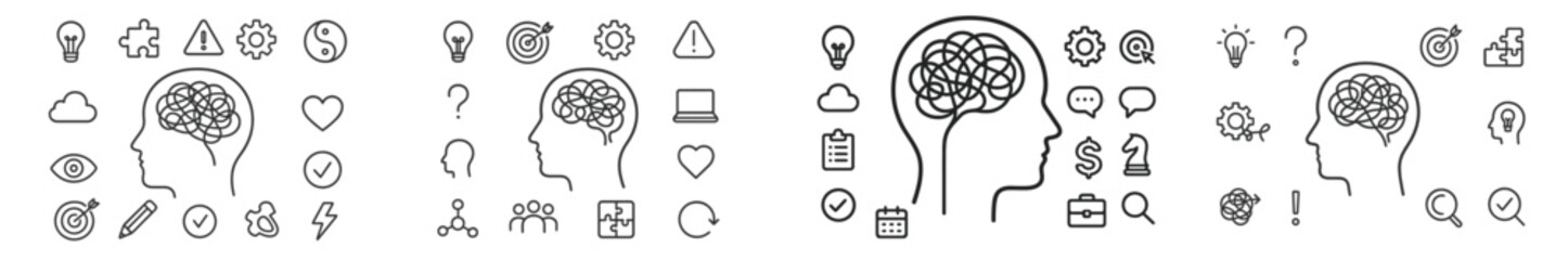 Creative icons representing mental processes, creativity, and cognitive functions in a minimalistic style for educational use