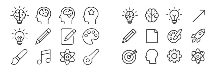 Creative icons representing innovation and ideas arranged in a grid showcasing various concepts and symbols in a minimalist design