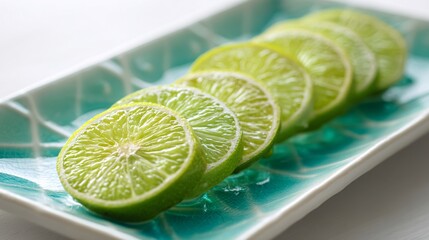 Citrus slices aligned in diagonal grid, mint green ceramic plate, white table