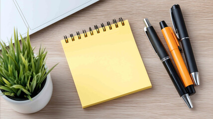 Sticky note in center pens and plant framing it warm wood desk idea zone