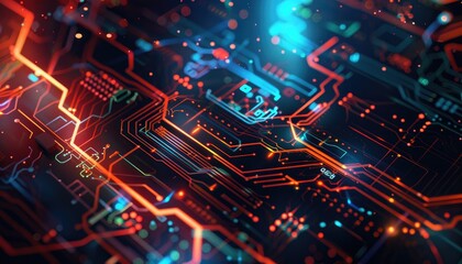 Close-up view of intricate circuit board pathways.