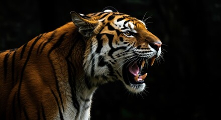 Naklejka premium Majestic tiger roaring in the wild: powerful predator on alert in jungle setting