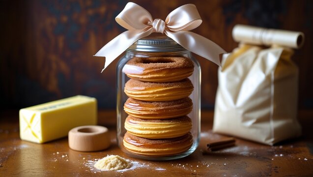 Mini cinnamon sugar Palmiers stacked in a glass jar tied with a ribbon, placed on a wooden counter with baking ingredients like butter and flour nearby.