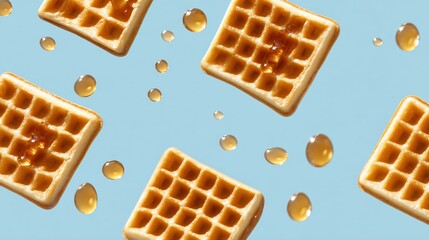 Minimalist waffle quarters forming a square, syrup drops as dots, clean blue background