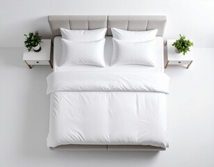 Top view of double bed with headboard white background.