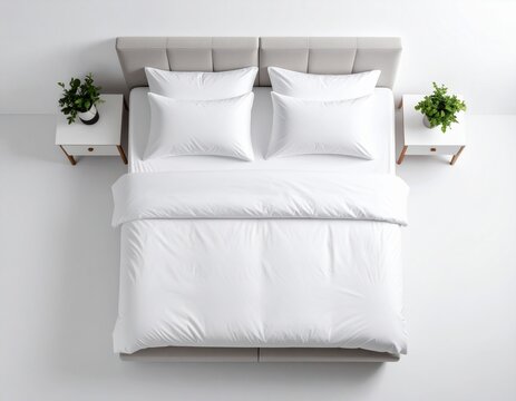 Top view of double bed with headboard white background.