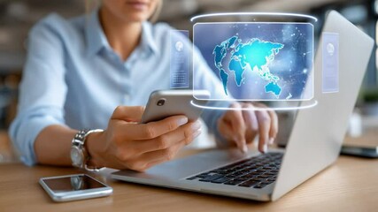 Global Connectivity: A businesswoman uses a laptop and smartphone, with a futuristic holographic globe projection symbolizing global connectivity and digital networking.  - Powered by Adobe