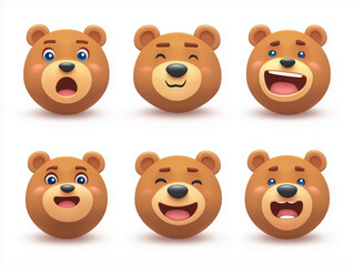 Fototapeta premium Six cute bear heads showing different emotions: surprise, happiness, and joy