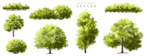 Vertor set of green tree,plants side view for landscape elevations,element for backdrop,eco environment concept design,watercolor greenery scene,shrub