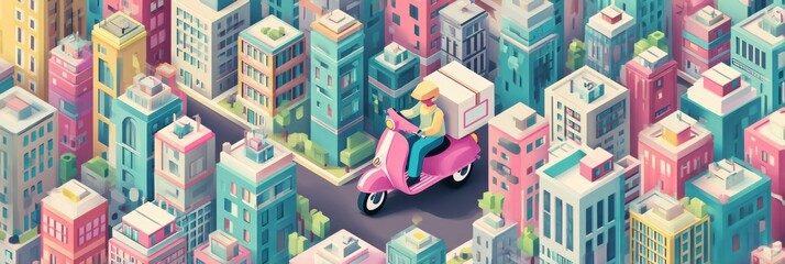 Naklejka premium Delivery Scooter Navigates Through Vibrant Isometric City With Clean Upper Third Showing Bustling Urban Life