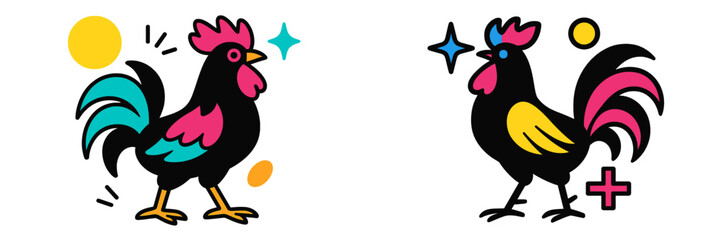 Colorful chicken illustrations in vibrant style showcasing playful design elements and lively colors