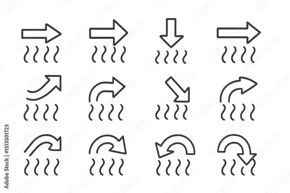 Poster directional arrows with swirling lines representing movement or flow in a minimalistic design on a p
