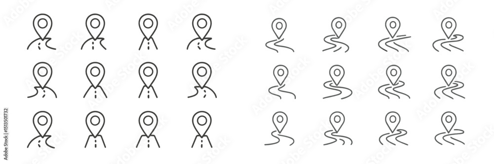 Poster collection of various location marker icons indicating paths and roads in a minimalist design style 