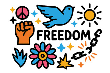 Creative illustration celebrating freedom with a bird, symbols of peace, flowers, and vibrant colors on a white background