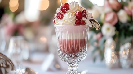 A wedding table centerpiece a sculpted milkshake in a crystal goblet
