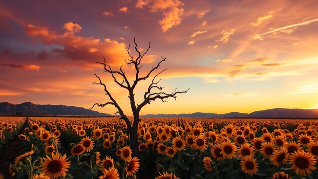 A sunflower field with a bare tree at sunset and mountains in the distance under a colorful sky
