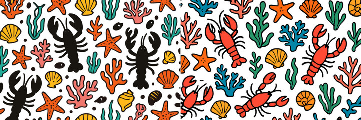 Colorful underwater pattern featuring lobsters, crabs, and marine life elements in playful design