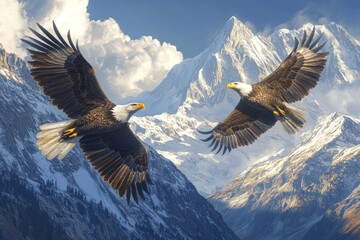 Majestic eagles soar above snowy peaks