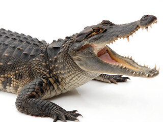 Fototapeta premium A close up shot of an alligator with its mouth open showing its teeth on a white background surface