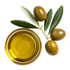 Olive oil in glass bowl with green olives and leaves isolated on transparent background, top view.