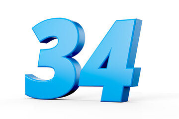 Blue shiny 3d number 34 or Thirty Four on white background with shadow. 3d illustration