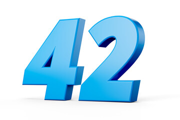 Blue shiny 3d number 42 or Forty Two on white background with shadow. 3d illustration