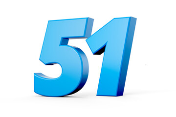 Blue shiny 3d number 51 or Fifty one on white background with shadow. 3d illustration